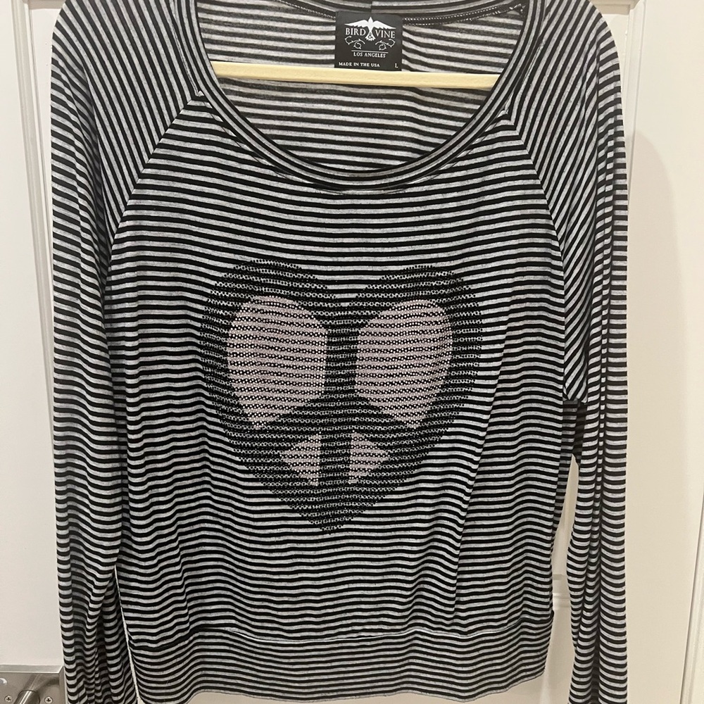 Black and White Striped Long Sleeve Top with Heart Design